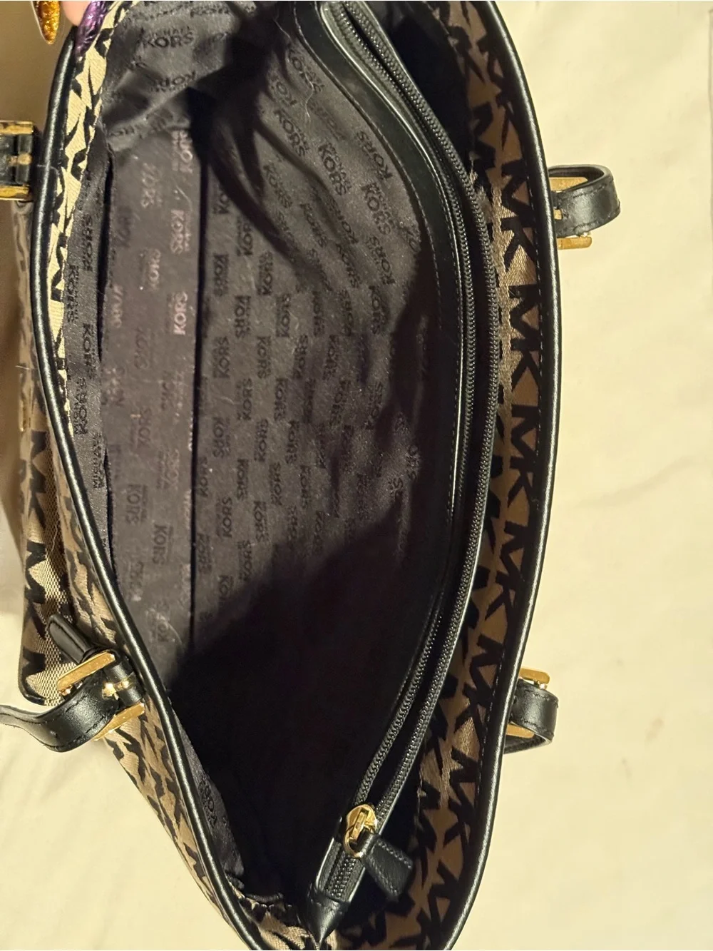 Michael Kors Beige and Black MK Logo Canvas Tote